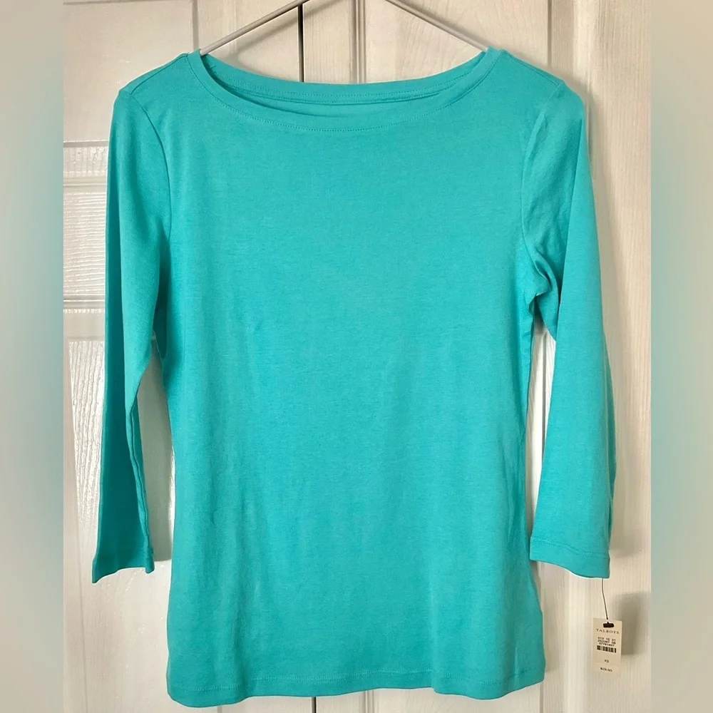 Talbots 100% Pima Cotton 3/4 Sleeve Boatneck Tee Turquoise Size XS NWT - Picture 2 of 9